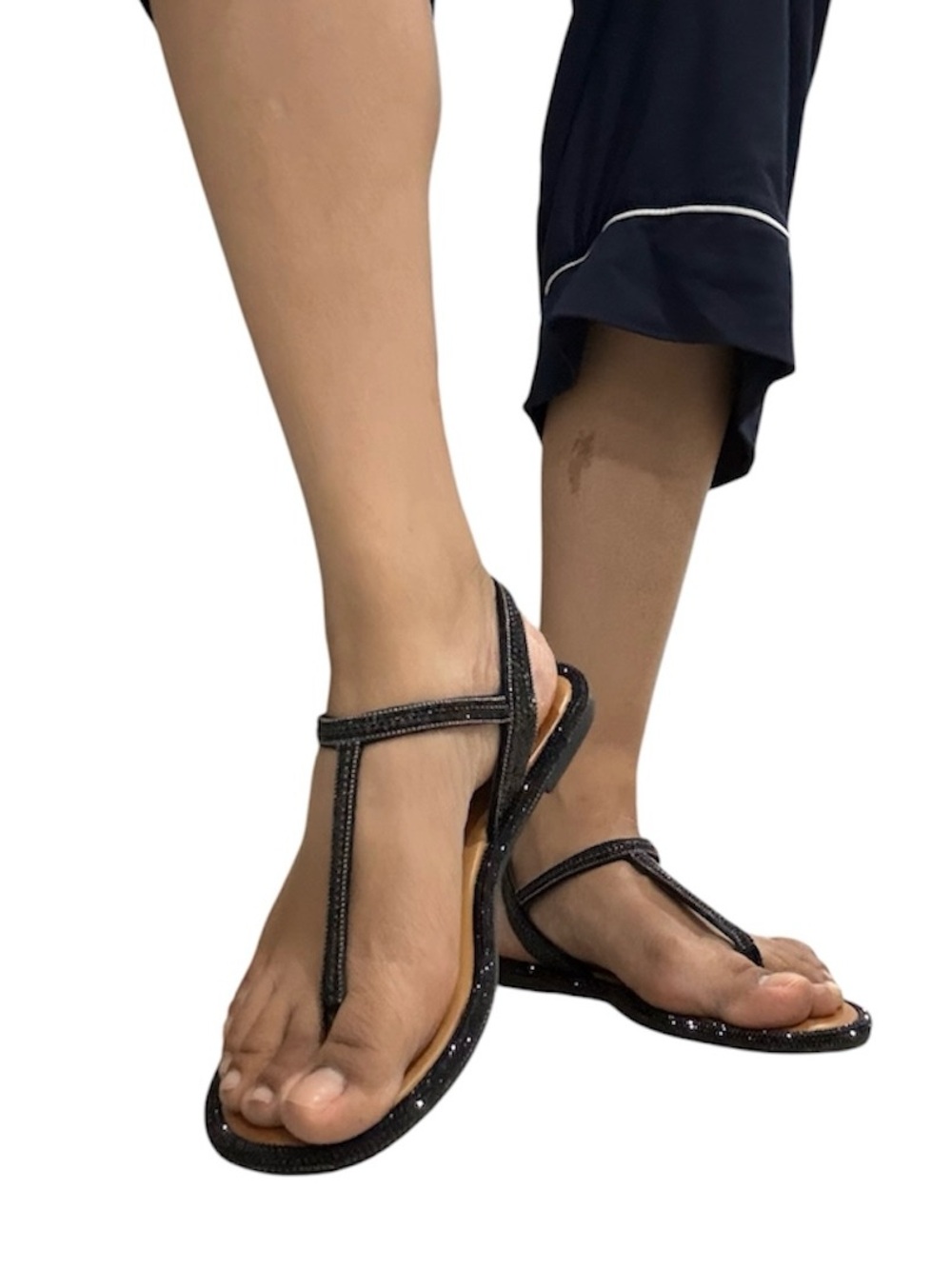 Gianni Bini Women’s Black Rhinestone Leather Thong Sandals Ankle Strap US 7.5